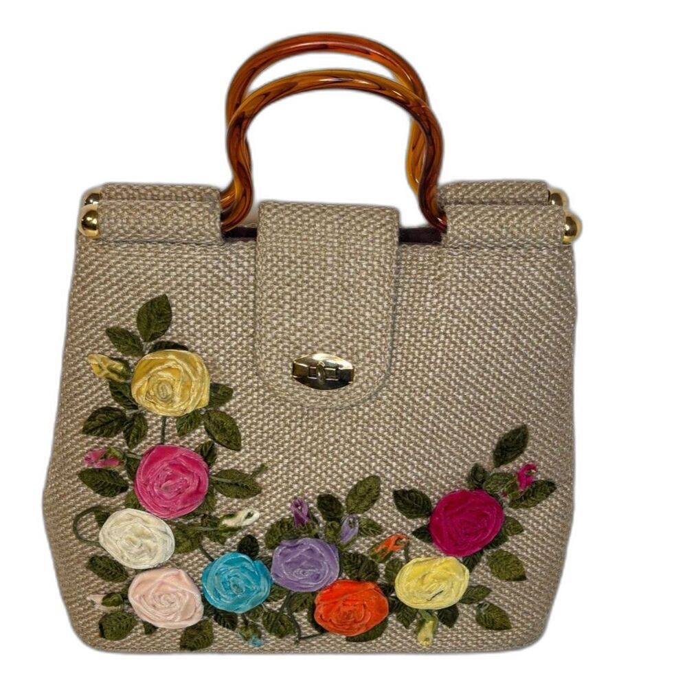 Vintage Cream Multicolor Floral Top Handle Bag Womens Designer